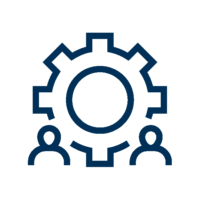Blue illustration of giant gear with to smaller people on both sides of the gear