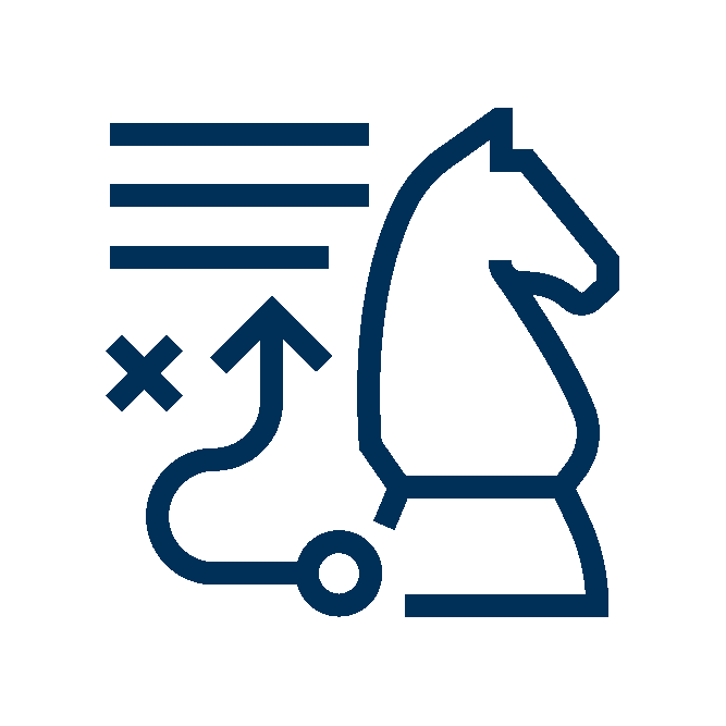 Blue illustration of a knight chess piece with a rounded arrow point towards lines above the knight