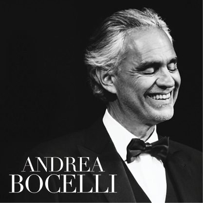 Black and white image of Andrea Bocelli with Andrea Bocelli logo in the bottom left corner