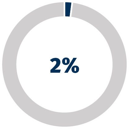 Blue and gray circle graph with blue 2% in the middle