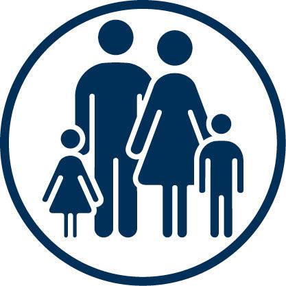 Blue illustration of family, from left to right, daughter, husband, wife, and son