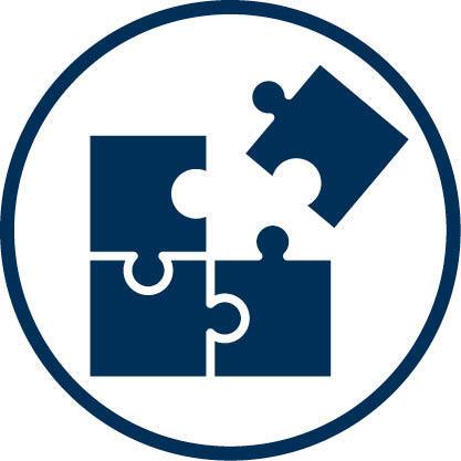 Blue illustration of 3 puzzle pieces connected with 1 piece above on the right side