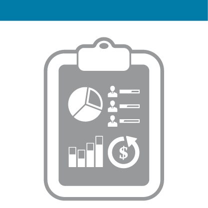 Illustration of clipboard with pie chart, people, graph chart, and circle with dollar sign inside of circle on it