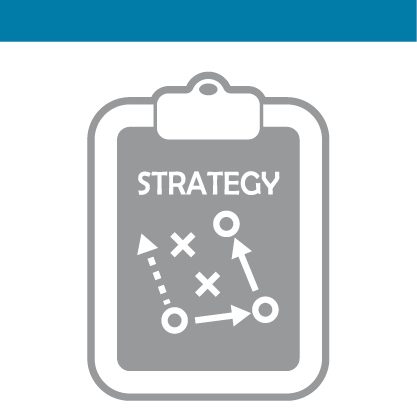 Illustration of clipboard with the word Strategy on it and a arrows and lines point to circles and x's on the it