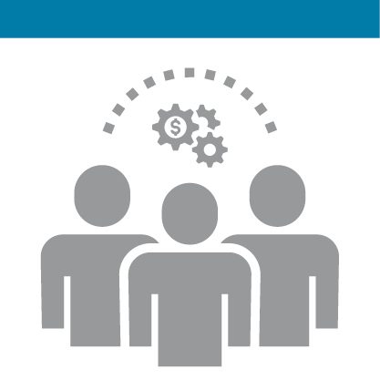 Illustration of upper part of 3 people and connected by dots on and gears above them