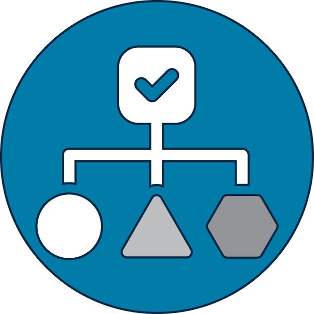 Illustration of checkmark box spliting into 3 lines going to circle, triangle, and hexagon